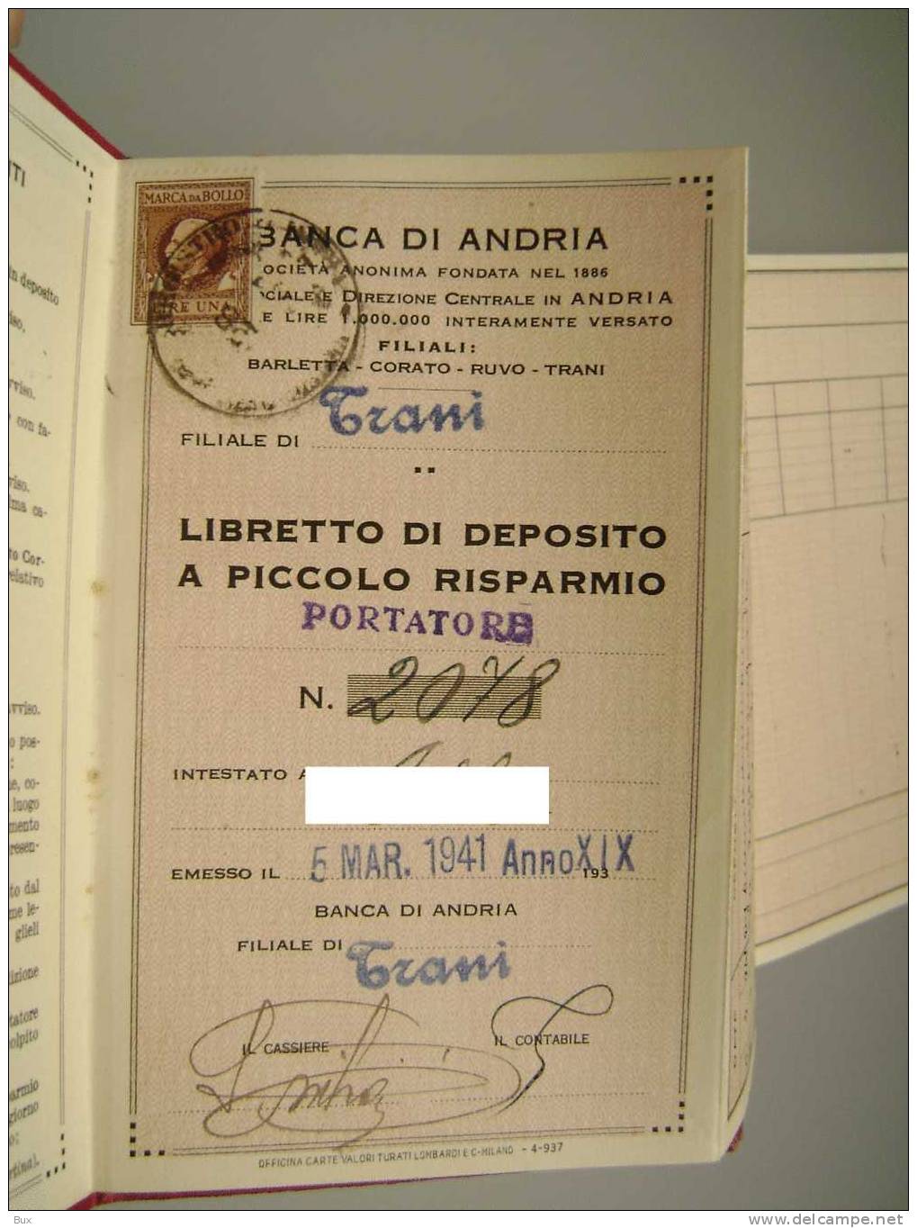 BANCA DI ANDRIA  FILIALE DI TRANI REGNO D' ITALIA  LIBRETTO DI DEPOSITO AL PICCOLO RISPARMIO ARCH CARTOLINE - Bank & Versicherung