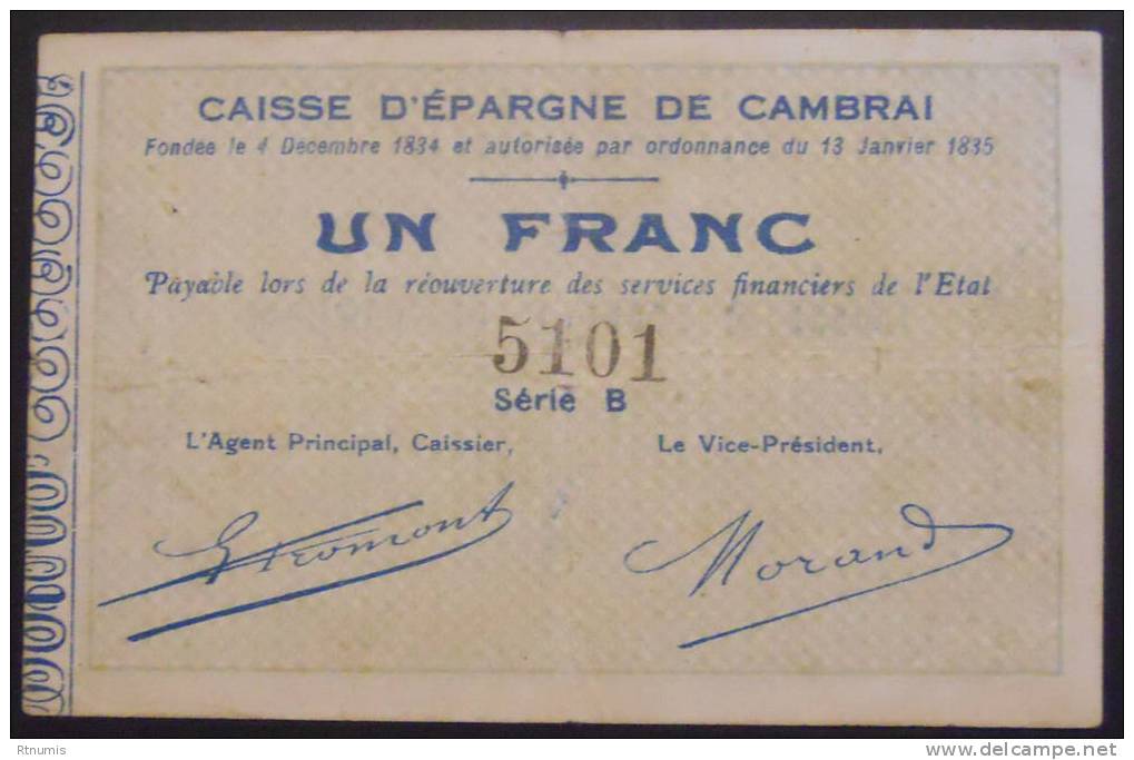 Cambrai Caisse D'épargne 1 Franc Pirot 59-506 R1 TTB - Notgeld