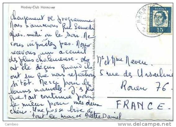 POSTCARD HANNOVER HOCKEY CLUB USED 1968 GERMANY TO FRANCE POSTCARD TENNIS - Hockey (Veld)