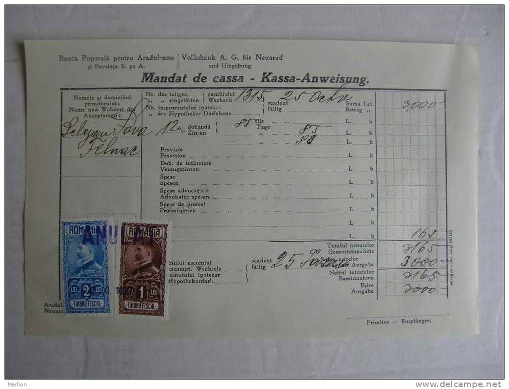 Romania Arad Neuarad - Banca Popolara Volksbank -Mandat De Cassa - 1930 -Felnac  X27.4 - Bank & Versicherung