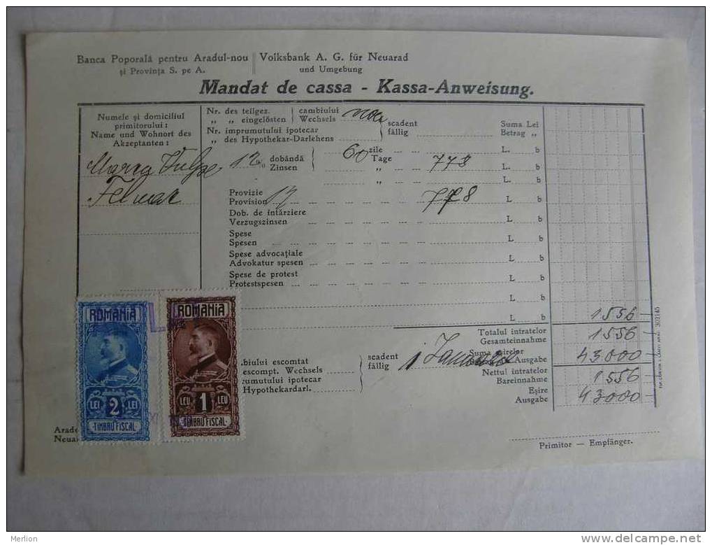 Romania Arad Neuarad - Banca Popolara Volksbank -Mandat De Cassa - 1930 -Felnac  X27.8 - Bank & Versicherung