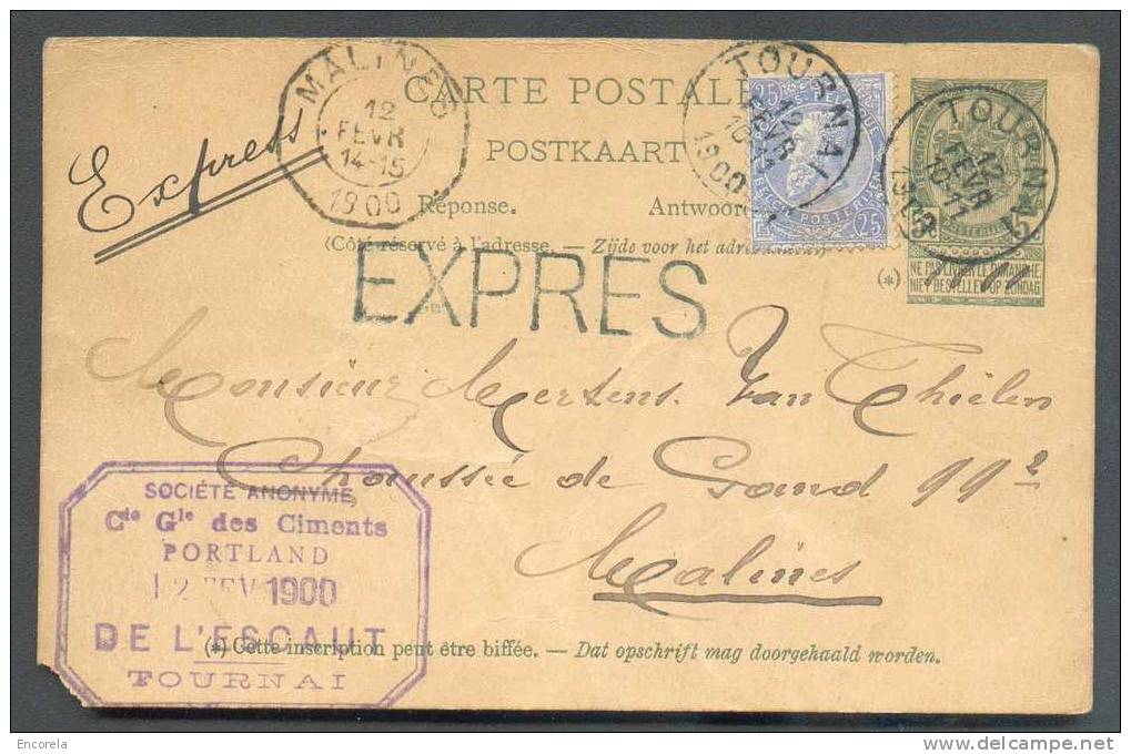 N°60 En Affr. Complémentaire S/E.P. Carte 5 Cent. (def) Obl. Sc TOURNAI Du 12 Février 1900 En Exprès Vers Malines- Cache - Postcards 1871-1909