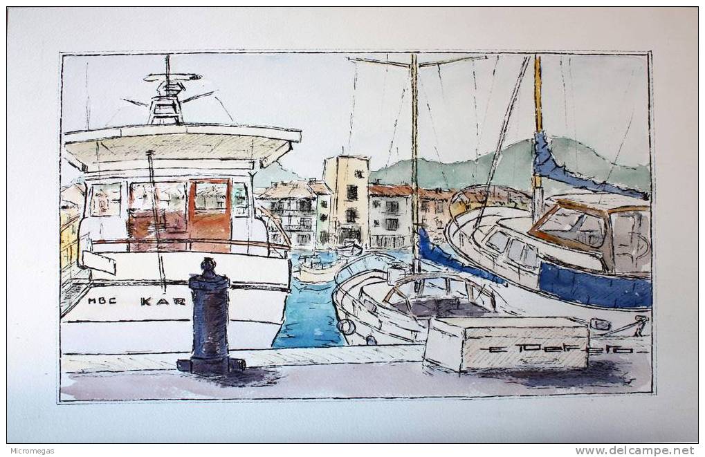 Etienne Petreto :Port Grimaud II Vu De Port Grimaud I, Place De L'Eglise - Wasserfarben