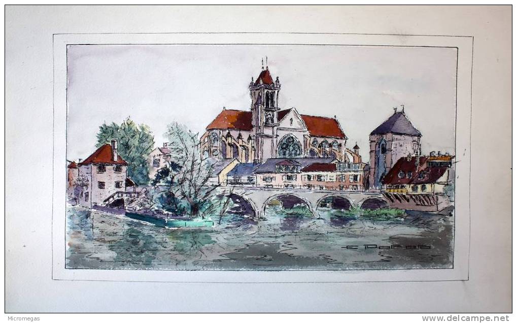 Etienne Petreto :Moret Sur Loing, Porte Et Pont Sur Le Loing - Wasserfarben