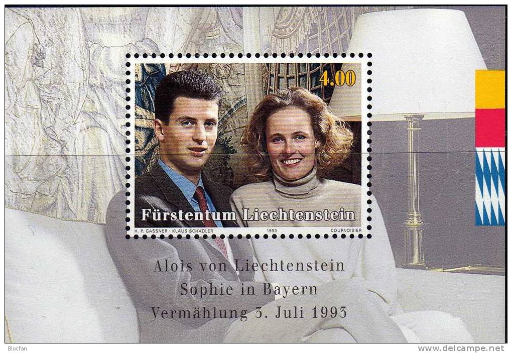 Hochzeit Prinz Alois 1993 Liechtenstein 1065+Block 15 ** 12&euro; Herzogin Sophie Zu Bayern Hb Bloc Ms Sheet Bf Fürstent - Blocks & Sheetlets & Panes