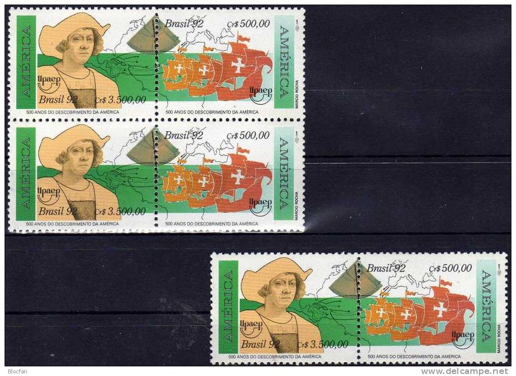 Entdeckung Amerika 1992 Brasilien 2466/7+ 4-Block ** 17€ Kolumbus Karavelle Santa Maria Nina Pinta Ship Sheet Bf BRAZIL - Hojas Bloque