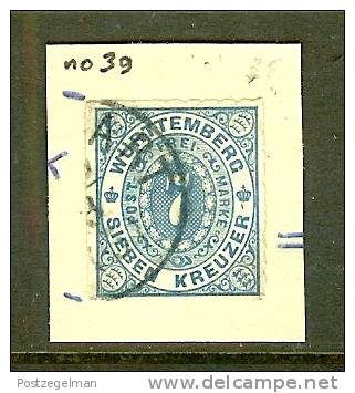 WUERTTEMBURG 1869 Used Hinged Stamp 7 Kreuzer Blue 39 - Oblitérés