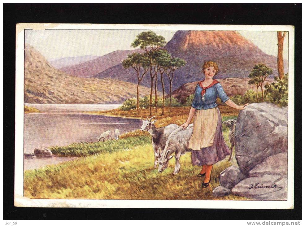 Illustrator  Josef KRANZLE - LA JEUNE BERGERE , HIRTENMAEDCHEN , THE SHEPERDESS , SHEEP Animals Pc 19434 - Kraenzle