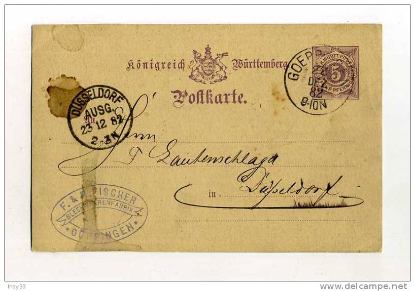 - ALLEMAGNE  WURTEMBERG . ENTIER POSTAL SUR CP DE 1882 - Sonstige & Ohne Zuordnung