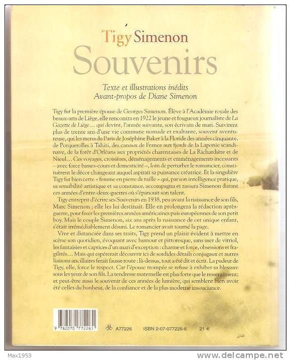 SOUVENIRS Tigy SIMENON (Régine Renchon)  Cahiers Inédits Présentés Par Diane Simenon, Gallimard, 2004 - Simenon