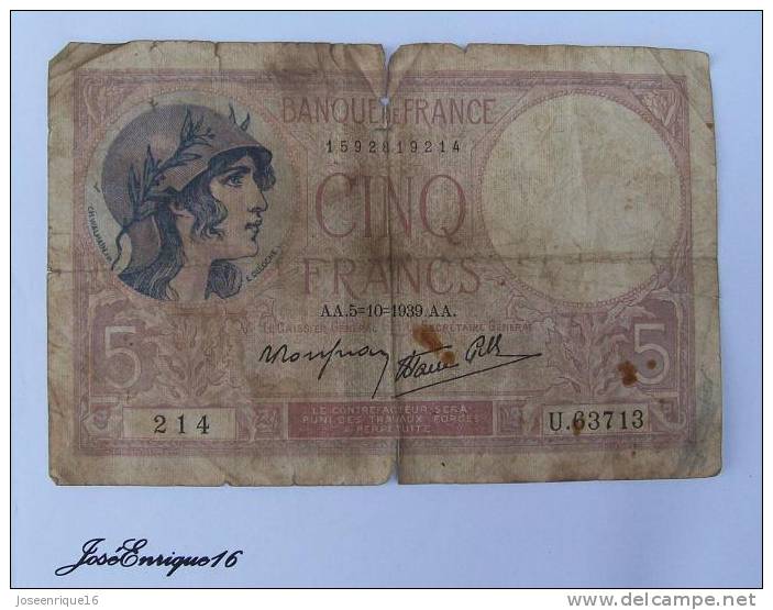 BANCO DE FRANCIA, BILLETE DE 5 FRANCOS AÑO 1939 - 5 F 1917-1940 ''Violet''