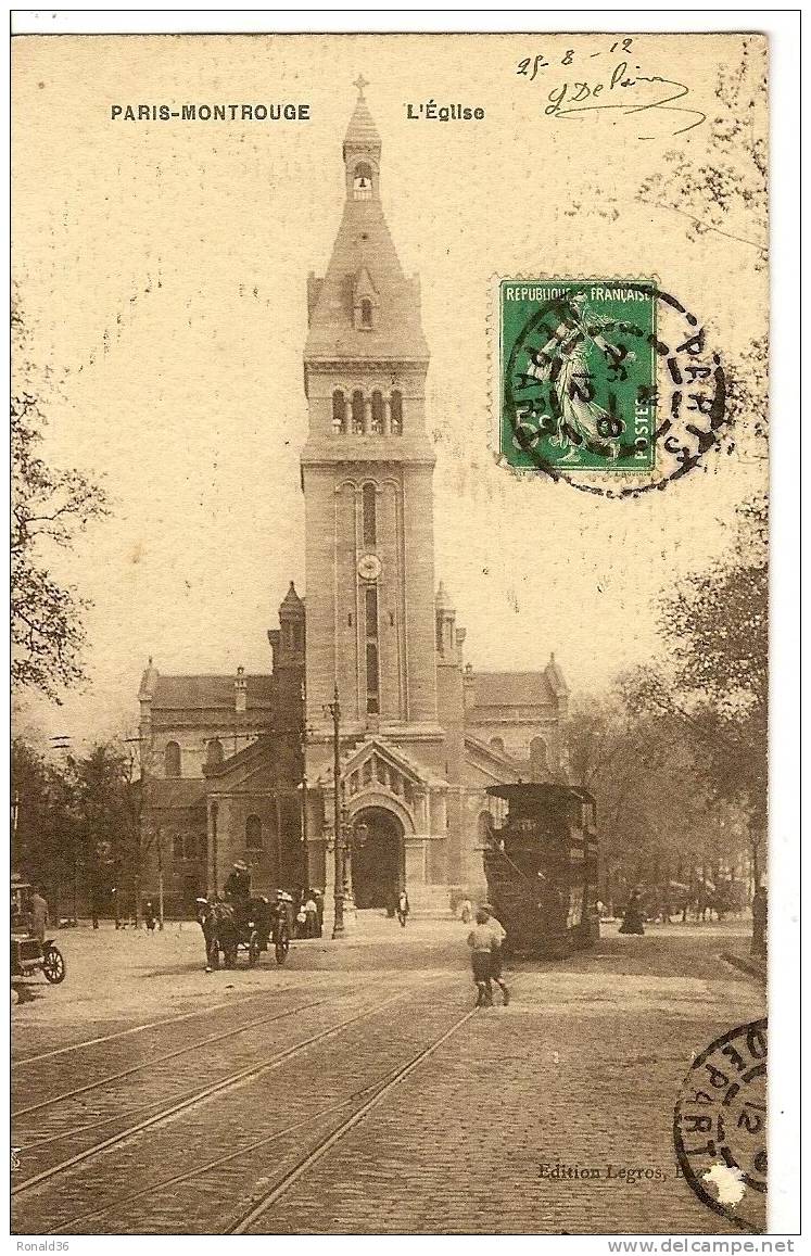 Cp 92 PARIS MONTROUGE L'église  ( Ligne De Chemin De Fer , Tramway , Fiacre , Voiture Automobile ) - Montrouge