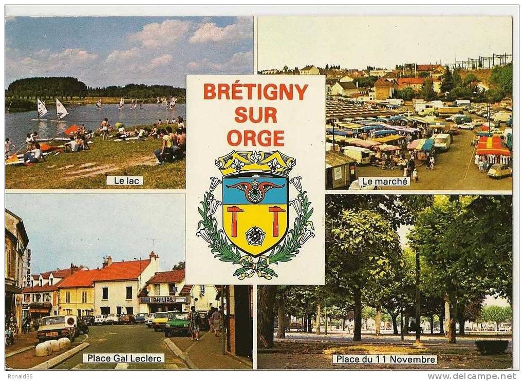 Cp 91 BRETIGNY Sur ORGE Blason Souvenir De / Place Du Marché Planche A Voile 2 Cv Citroen Renault 5 , 4 ,12 , Lac - Bretigny Sur Orge