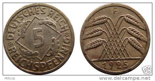 Germany 5 Reichspfennig 1925 F (small 5) - 5 Renten- & 5 Reichspfennig