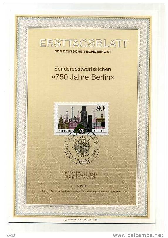 - ALLEMAGNE .BERLIN  . FDC 750 JAHRE BERLIN . CACHET 1er JOUR  15/1/87 - 1e Jour – FDC (feuillets)