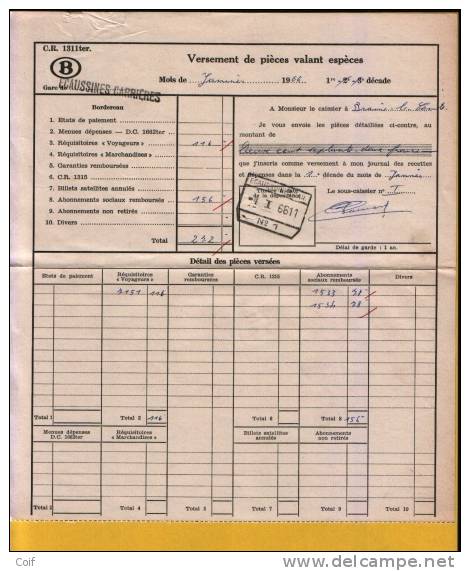 VERSEMENT DE PIECES VALANT ESPECES Met Spoorwegstempel En Naamstempel ECAUSSINES-CARRIERES - Other & Unclassified