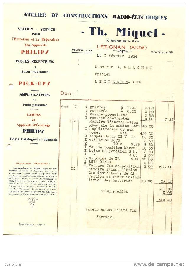 FACTURE 11 LEZIGNAN CORBIERES Electricité Miquel Th., Av De La Gare, Station Service Lampes Philips Radio, Pick Up, 1934 - Elektriciteit En Gas