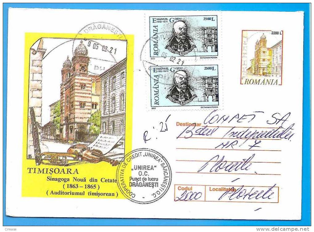 ROMANIA Postal Stationery Cover 2001. Timisoara. Synagogue Judaisme - Judaisme