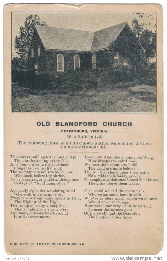 U.S.A. - VIRGINIA - PETERSBURG - OLD BLANDFORD CHURCH - VERSE FOUND ON WALL 1841 - Otros & Sin Clasificación