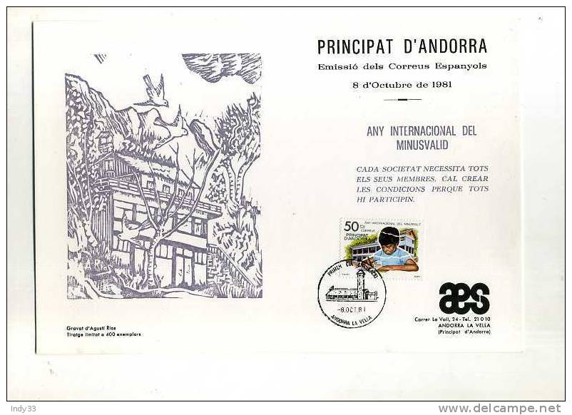 - PRINCIPAT D´ANDORRA  . ANY INTERNACIONAL DEL MINUSVALID . AVEC LINOGRAVURE ORIGINALE D´A. RIOS TIREE A 400 EX. - Oblitérés