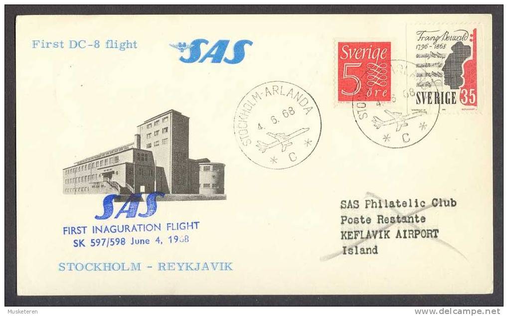 Sweden SAS First Inauguration Flight Stockholm-Reykjavik Card 1968 Keflavik Airport ERROR Double Printing Blue Text !! - Covers & Documents