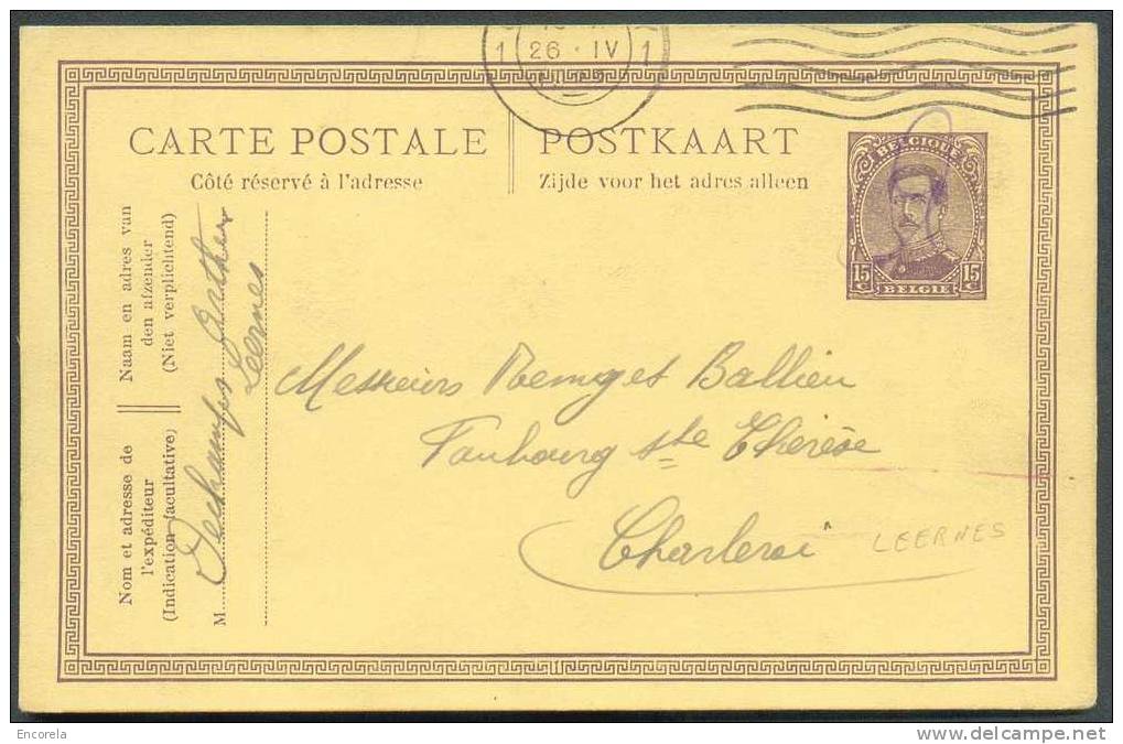 EP Carte 15 Centimes Emission 1915 Envoyée De LEERNES Le 26 Avril 1922 Vers Charleroi, Oblitération Mécanique Non Annula - Cartes Postales 1909-1934