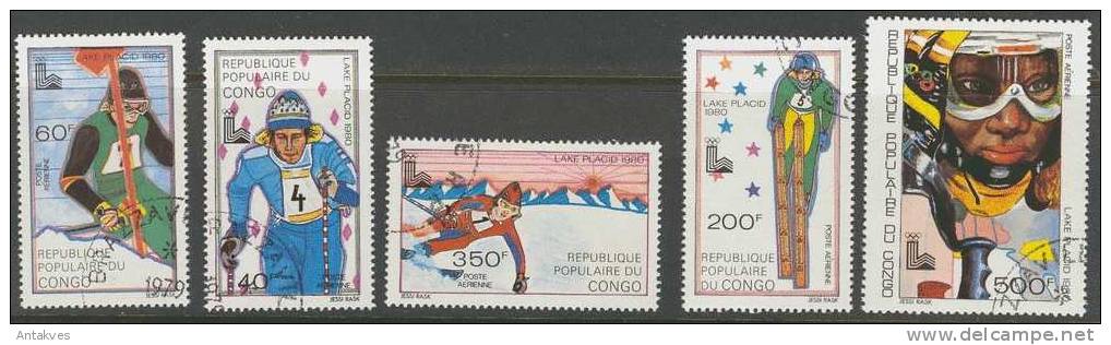 Congo 1979 Winter Olympic Games Lake Placid 1980 Set Of 5 Obliteries/used - Winter 1980: Lake Placid