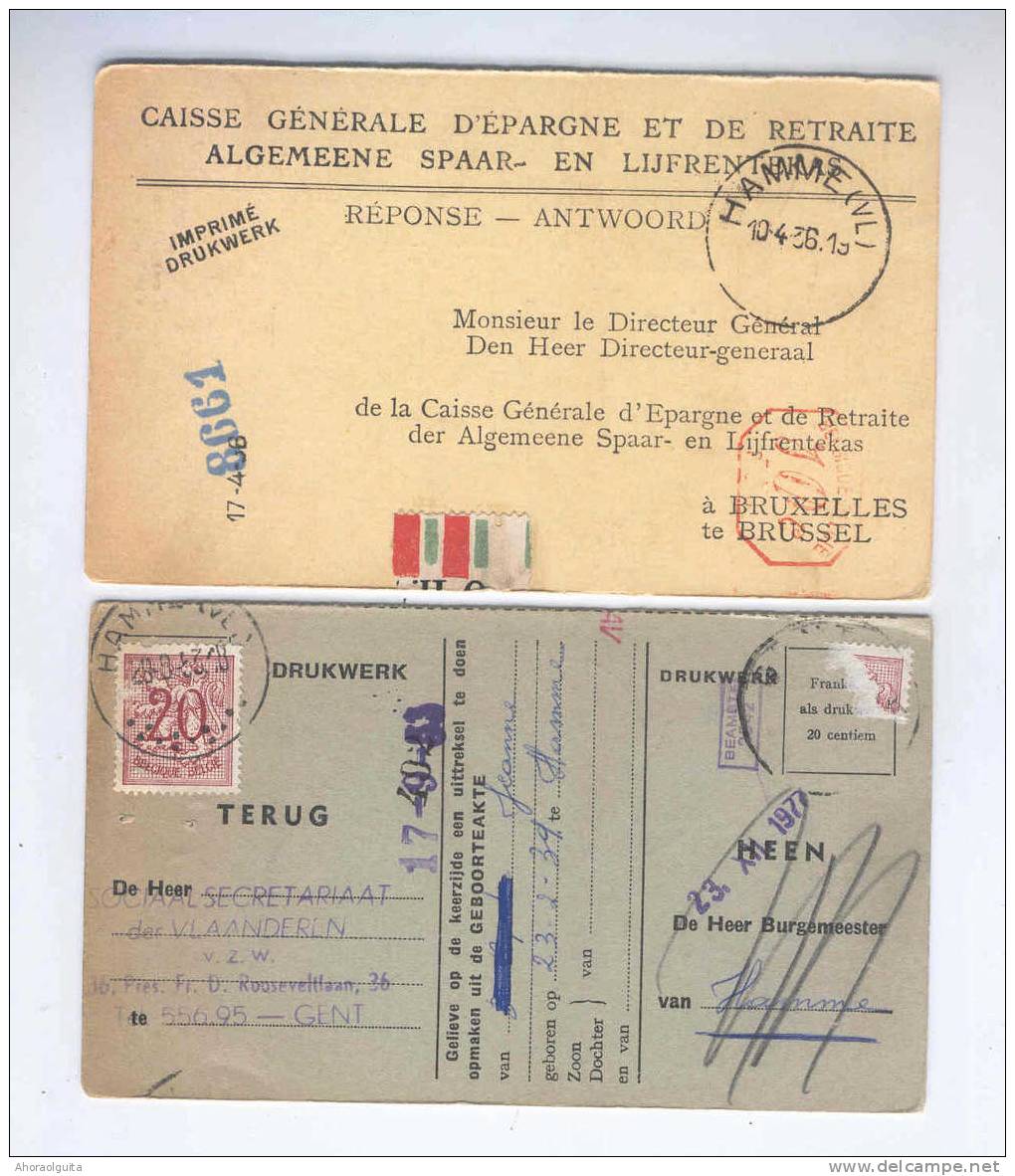 2 X Carte Caisse De Retraite HAMME VL 1936/53 - Cachets De La Commune Au Verso --  NN992 - Volantini Postali