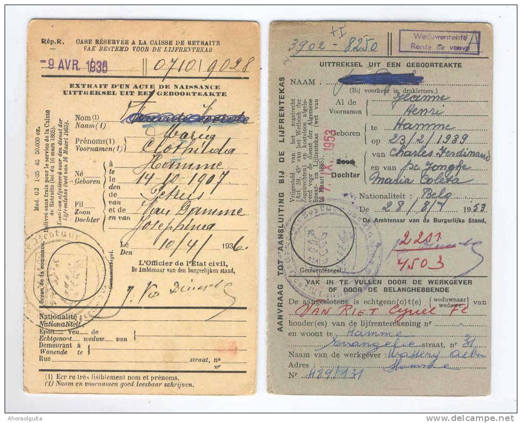 2 X Carte Caisse De Retraite HAMME VL 1936/53 - Cachets De La Commune Au Verso --  NN992 - Volantini Postali