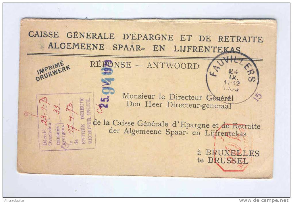 Carte Caisse De Retraite FAUVILLERS 1935 - Cachet De La Commune Au Verso --  NN998 - Volantini Postali