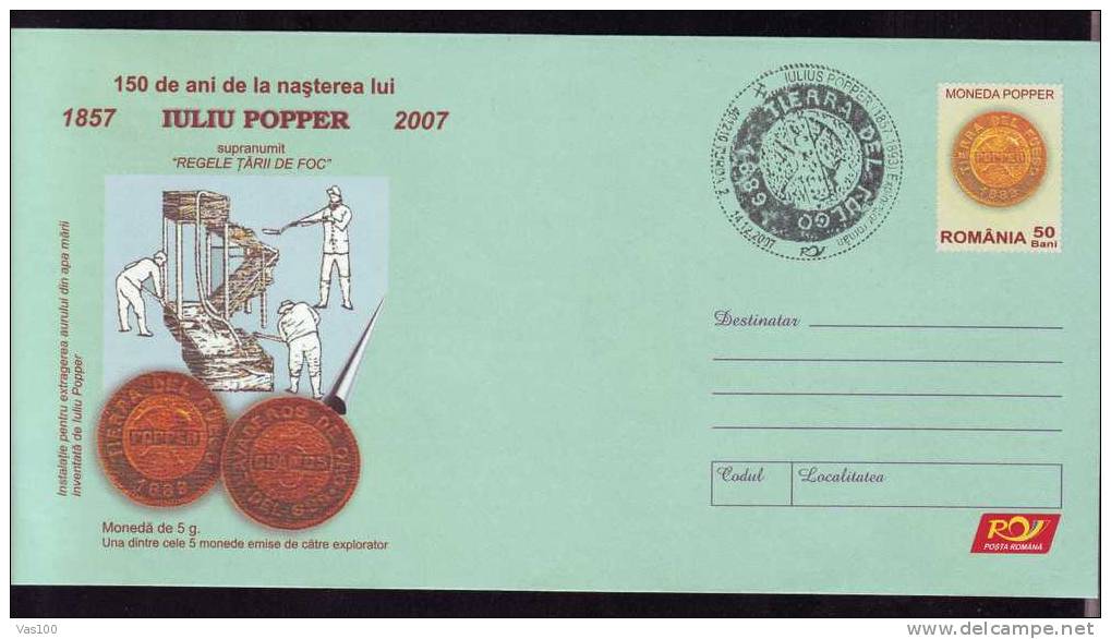 Iuliu Popper Explorer Gold Mining 1x Cover Stationery Obliteration Concordante Turda ,2007 Romania. - Monnaies