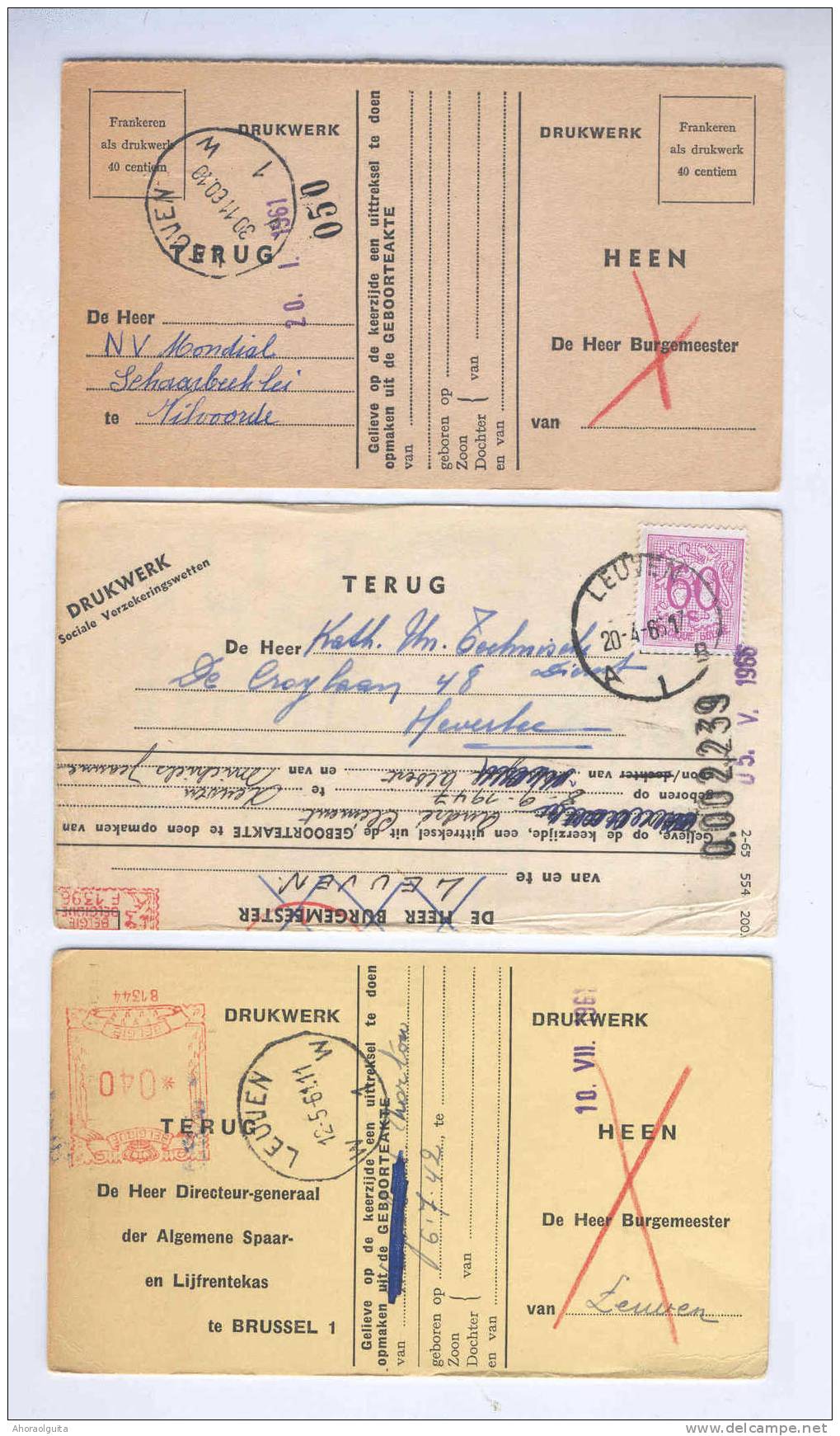 3 X Carte Caisse De Retraite LEUVEN 1963 - 3 X Cachet De La Commune Au Verso  --  OO/021 - Post Office Leaflets