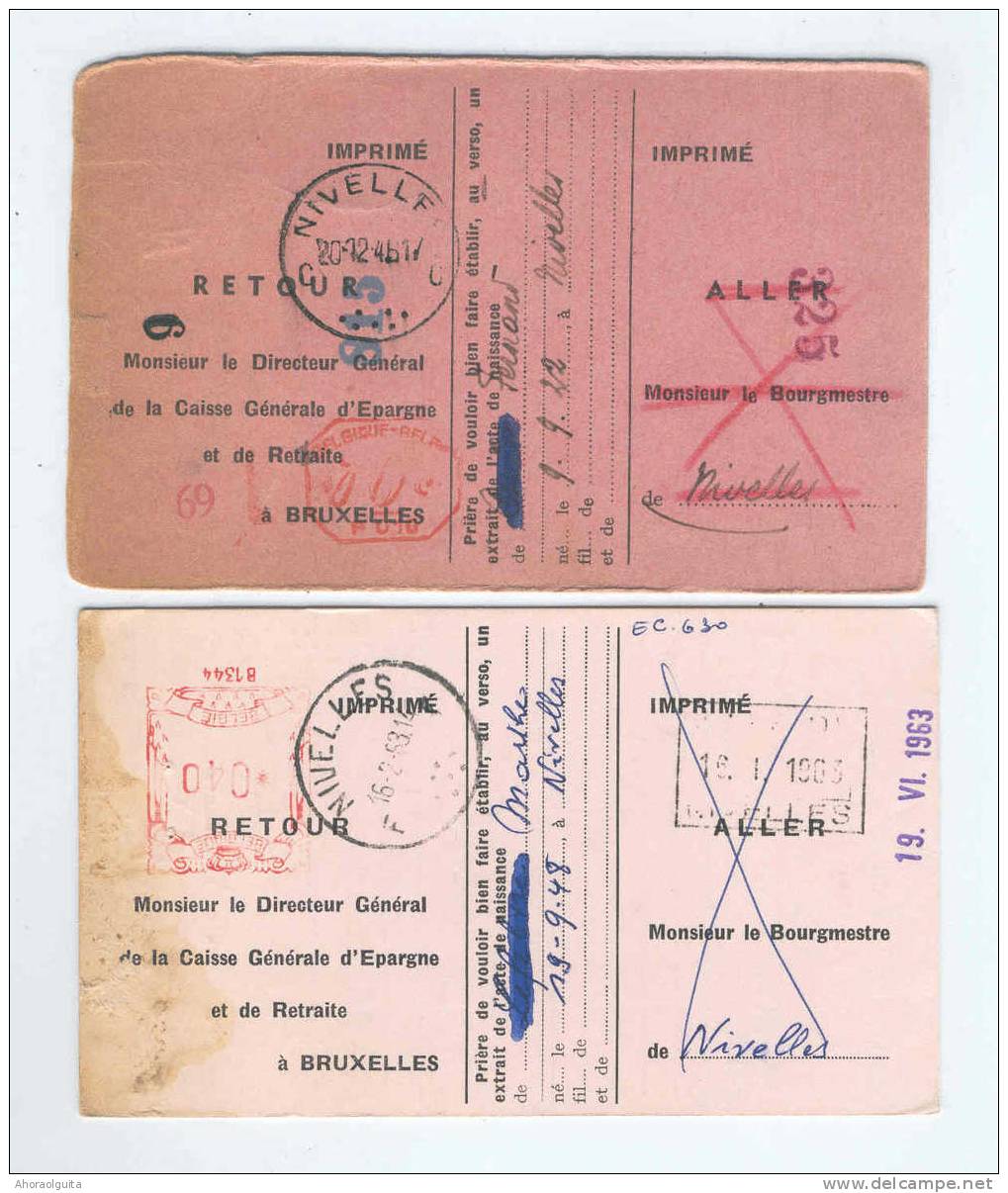 2 X Carte Caisse De Retraite NIVELLES 1946/63 - Cachets De La Commune Au Verso  --  OO/030 - Post Office Leaflets