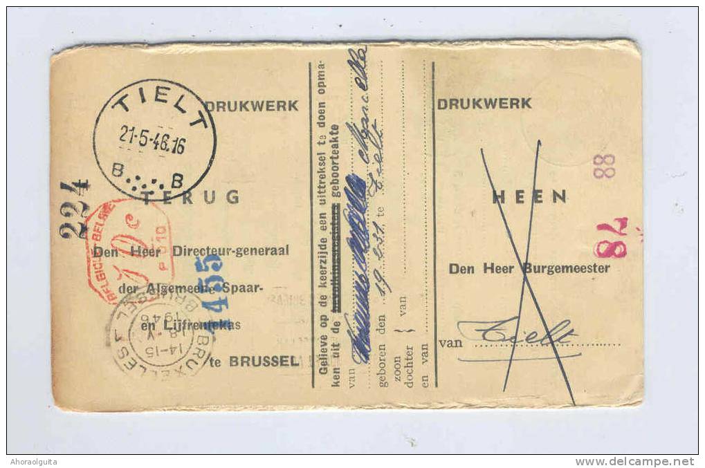 Carte Caisse De Retraite TIELT 1946 - Cachet De La Commune Au Verso  --  OO/036 - Post Office Leaflets