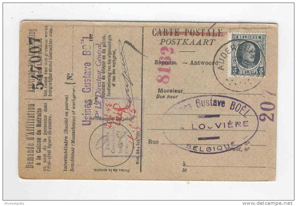 Carte Caisse De Retraite TP Houyoux AUDERGHEM 1926 Vers LA LOUVIERE - Cachet De La Commune Au Verso  --  OO/043 - Dépliants De La Poste