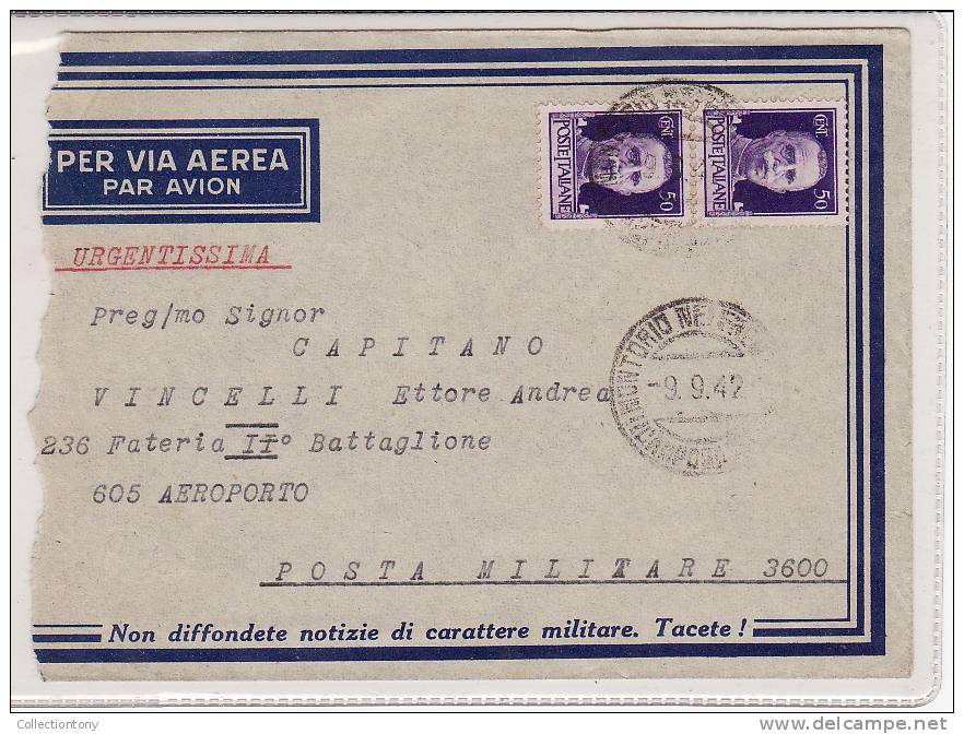 STORIA POSTALE - LETTERA PER VIA AEREA - POSTA MILITARE 3600 - 09/09/1942 TIMBRO : MONTORIO DEI FRENTANI (CB) - Storia Postale (Posta Aerea)