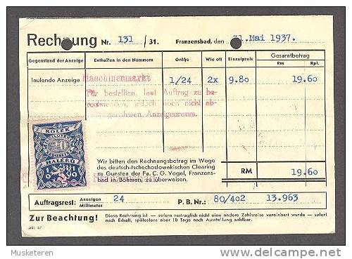 Czechoslovakia C.G. Vogel Franzenbad Meter Stamp Cancel Card Rechnung 1937 To Dresden Germany (2 Scans) - Lettres & Documents