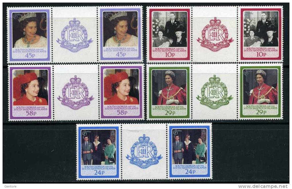 SOUTH GEORGIA SANDWICH ISLAND 60° Ann. Queen Elizabeth Cpl Set Of 5 Gutter Pair Absolutely MNH - Südgeorgien