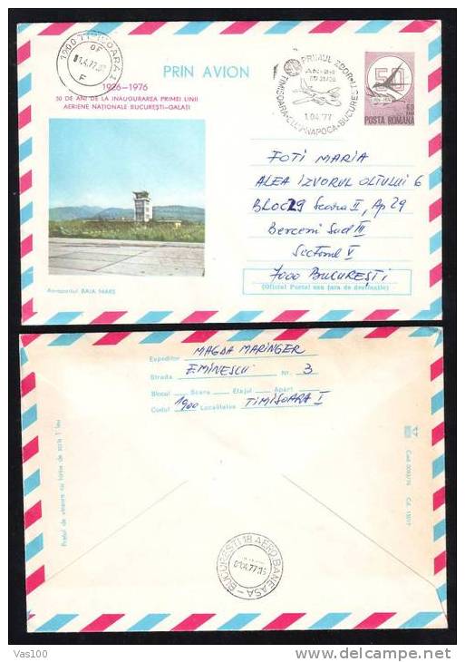 Romania 1977 Entier Postaux AIR PLANE FIRST FLIGHT TIMISOARA-BUCHAREST ,cod 83/76. - Autres (Air)