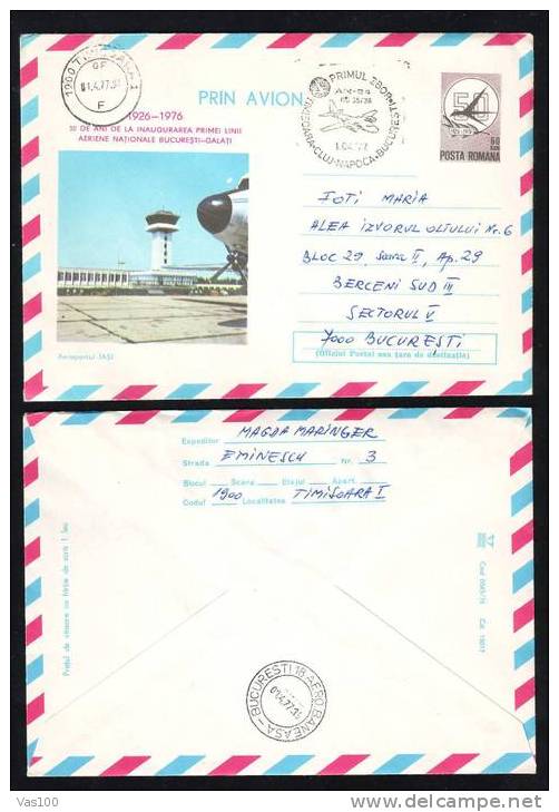 Romania 1977 Entier Postaux AIR PLANE FIRST FLIGHT TIMISOARA-BUCHAREST ,cod 87/76 Sent To Mail. - Autres (Air)