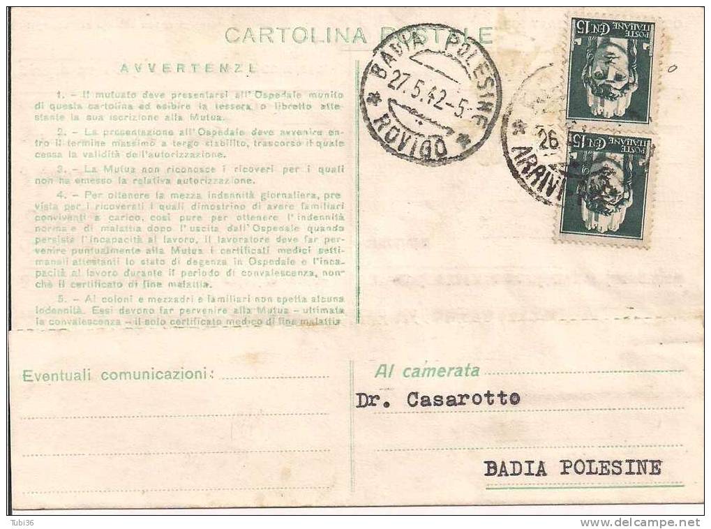 ROVIGO - MUTUA MALATTIA LAVORATORI AGRICOLI - CARTOLINA  VIAGGIATA 1942 - ROVIGO  BADIA  POLESINE - Rovigo