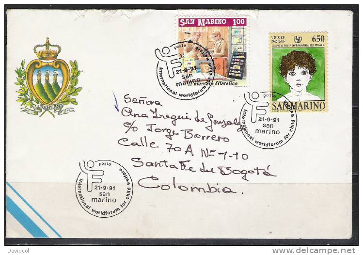 S806.-.SAN MARINO- 1991- " IL MERCATO FILATELICO"  CIRCULATED COVER TO BOGOTA-COLOMBIA. - Machine Labels [ATM]