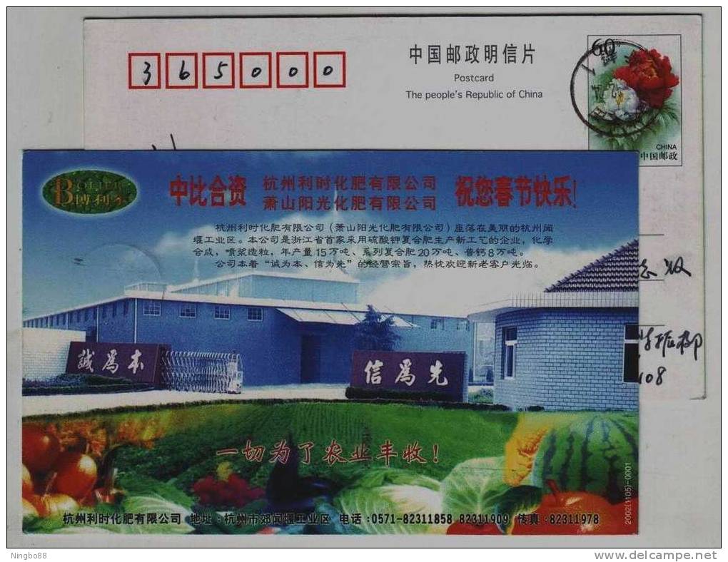 Vegetable,fruit,apple,watermelon,grape,CN02 Sino-Belgium Joint Venture Hangzhou Fertilizer Plant Advert Pre-stamped Card - Légumes