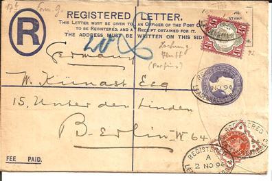 GBV003a/ Stationery + Stamps, Registered To Berlin  2. No 1894, Perfins ,Hutt, - Lettres & Documents