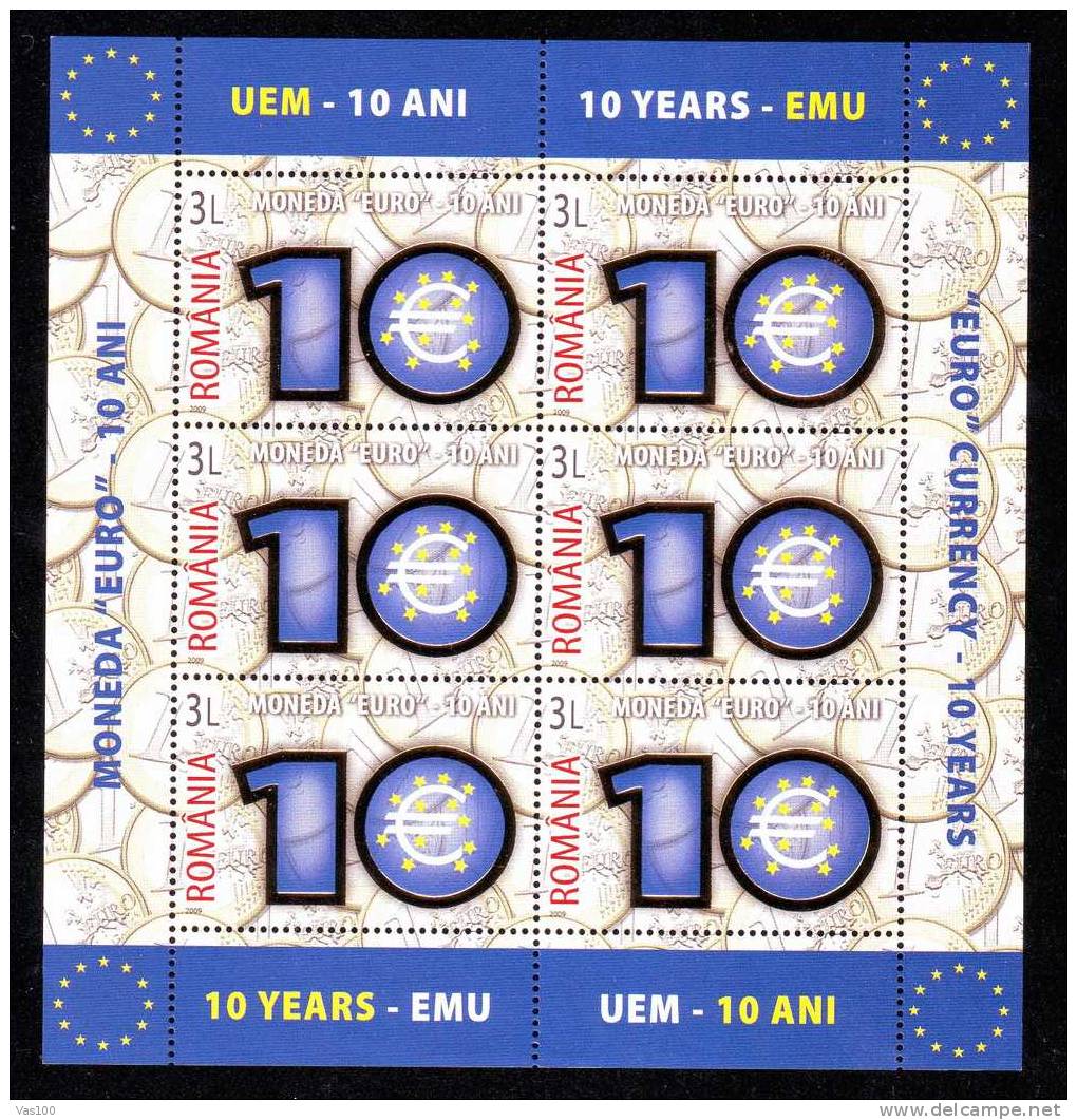 Romania 2009 "EURO" Currency - 10 Years,minisheet 6 Stamps MNH ** Overprint Folio Gold!! - Monete