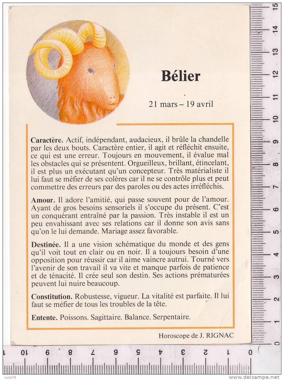 ASTROLOGIE  -  Signe Du ZODIAQUE  -  BELIER     21 Mars -  19  Avril  -  HOROSCOPE    De  J.  RIGNAC  - N°  90301 - Astrologie