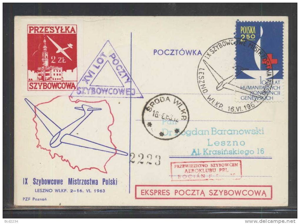 POLAND 1963 LESZNO 9TH GLIDER FLIGHT CHAMPIONSHIPS MAIL ON SOUVENIR CARD - BOCIAN BP3988 Glider Planes Maps Red Cross - Aviones