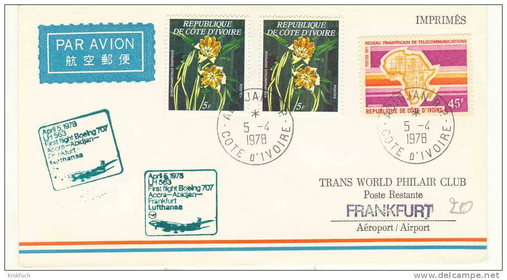 1er Vol Abidjan Francfort Boeing Lufthansa 1978 - Frankfurt Allemagne Cote D'Ivoire Lettre - Briefe U. Dokumente