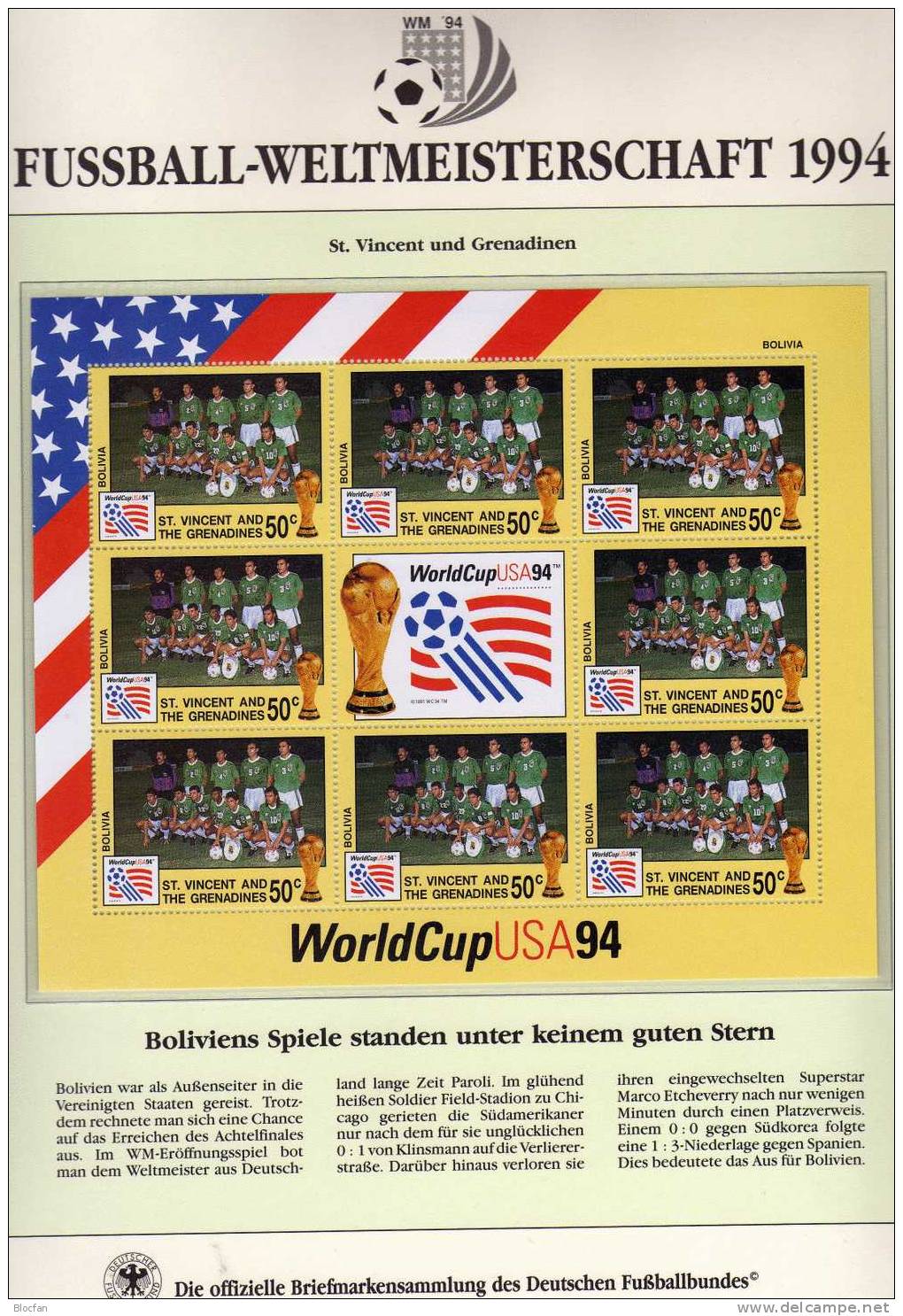 Team Bolivia Zur Fußball WM 1994 Vincent 2810 Kleinbogen ** 8€ Kicker World Cup USA-Flagge M/s Flag Bloc Soccer Sheetlet - 1994 – États-Unis