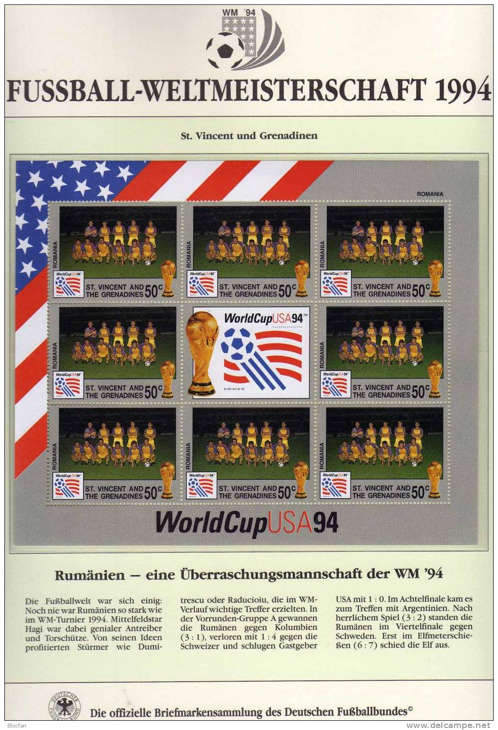 Team Romania Zur Fußball WM 1994 Vincent 2816 Kleinbogen ** 8€ Kicker World Cup USA-Flagge M/s Flag Bloc Soccer Sheetlet - 1994 – États-Unis